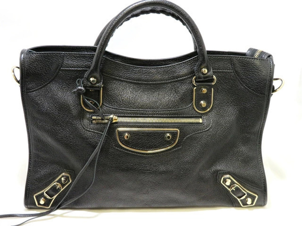 Balenciaga The City Shoulder Bag Metallic Calfskin Black